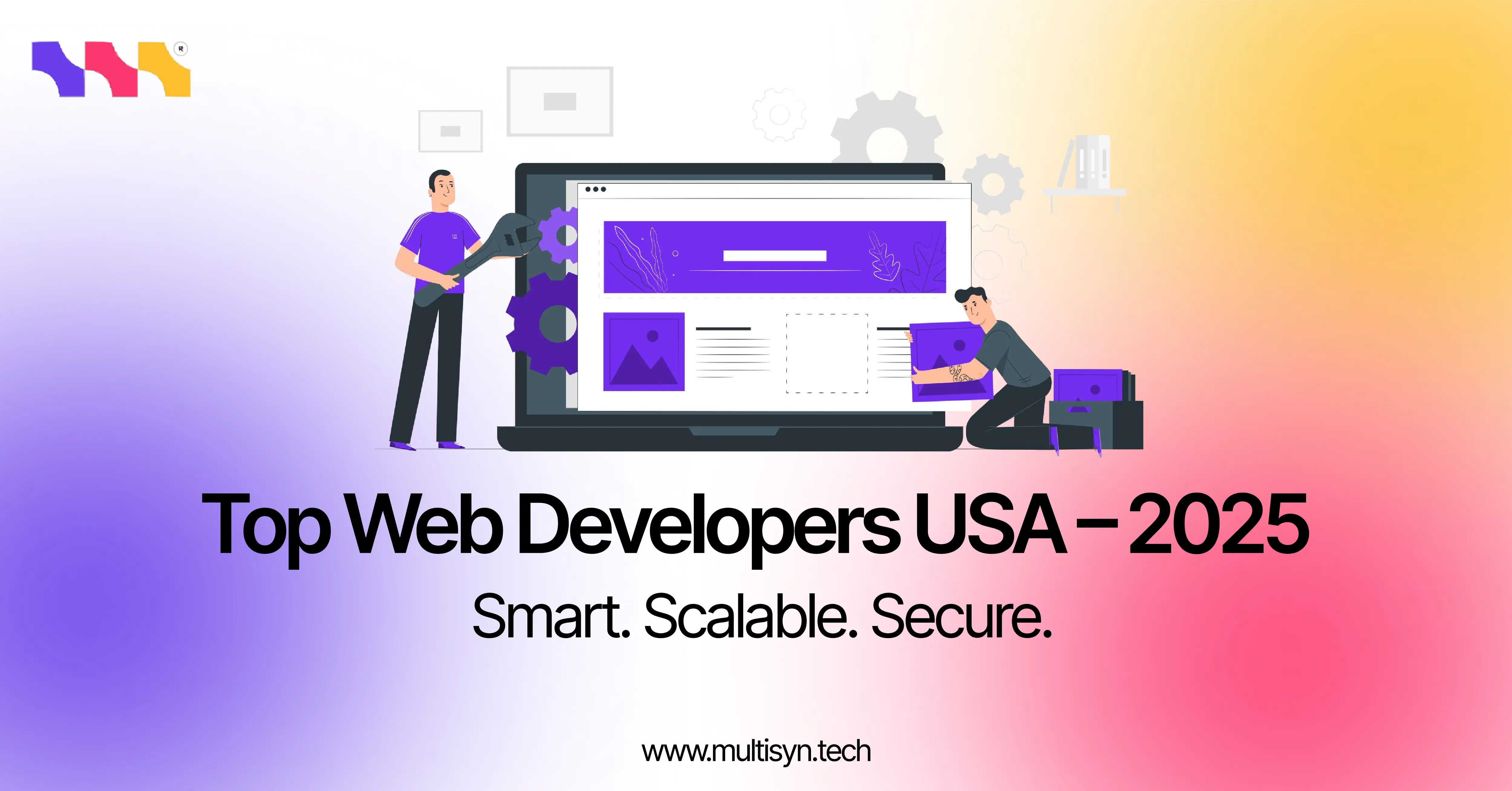 Illustration of two developers working on a website interface with the text 